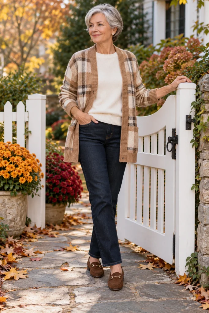 Woman in her 50s wearing a camel plaid cardigan over a cream sweater with dark jeans and pearl earrings (AI-generated image)