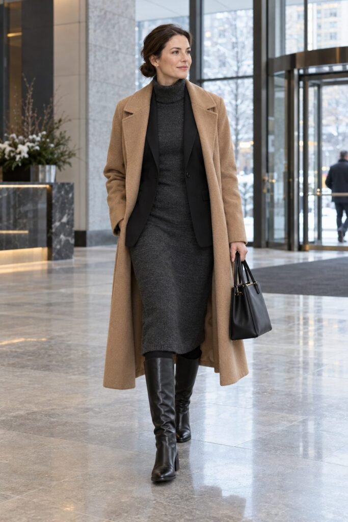 Charcoal turtleneck midi sweater dress with a black blazer, black opaque tights, black knee-high boots and a long camel coat