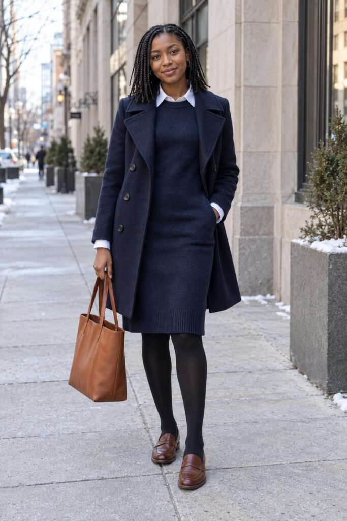 Navy sweater dress over a white collared shirt with black opaque tights, brown loafers and a navy peacoat