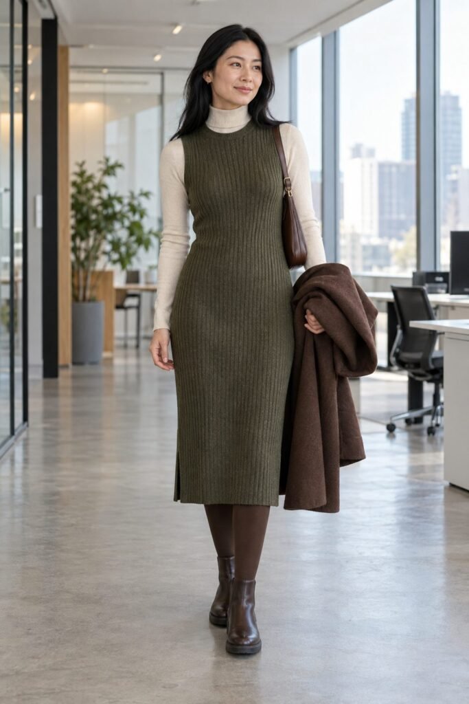 Olive sleeveless ribbed midi sweater dress over a cream turtleneck with brown tights and brown Chelsea boots
