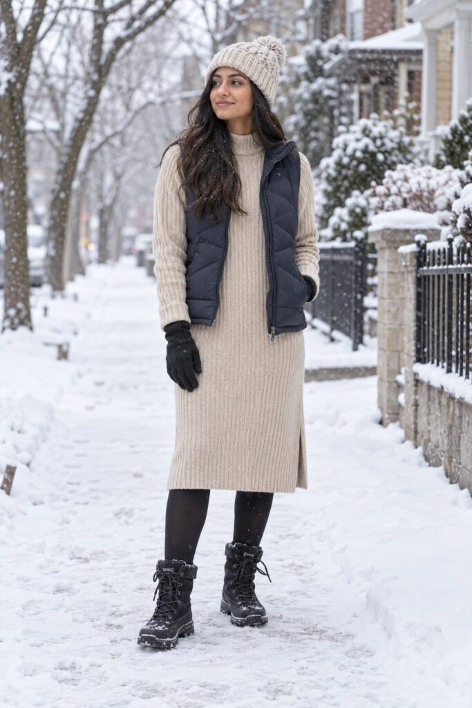 Oatmeal ribbed midi sweater dress with a navy puffer vest, beanie, black tights and waterproof snow boots