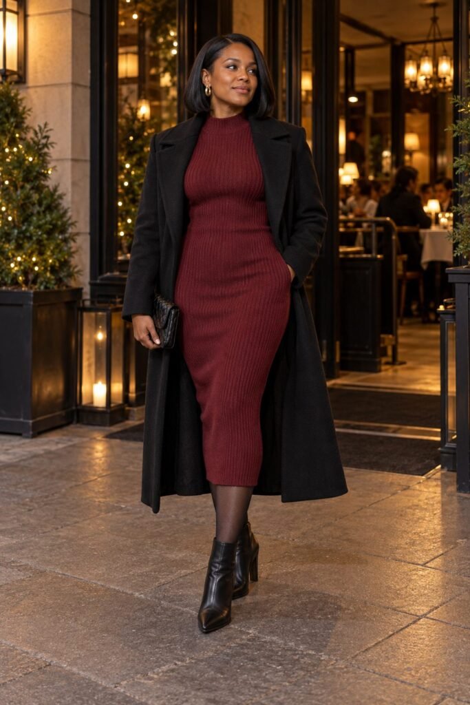 Burgundy ribbed midi sweater dress with sheer black tights, black heeled ankle boots and a long black coat