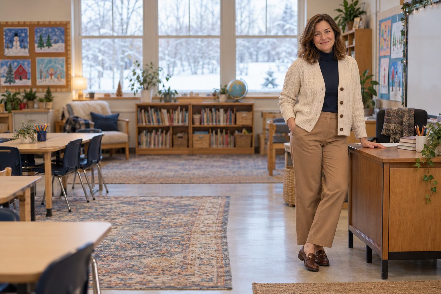 Teacher over 40 in a cream cable-knit cardigan, navy turtleneck and camel trousers in a cozy winter classroom (AI-generated image)