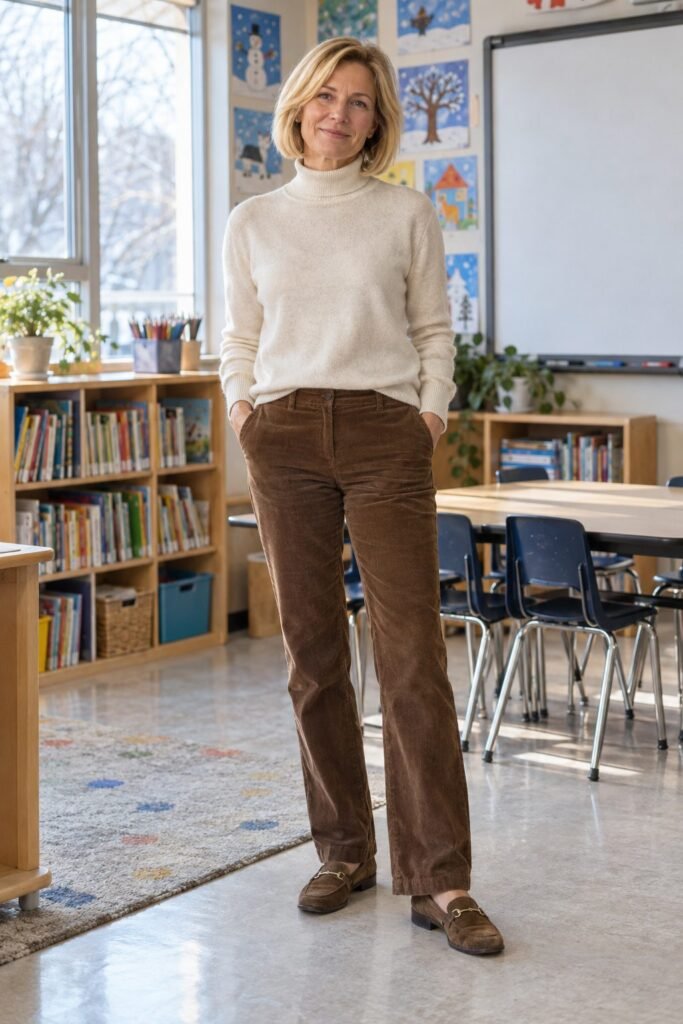 Teacher in a cream fine-knit turtleneck with brown corduroy straight pants and suede loafers (AI-generated image)