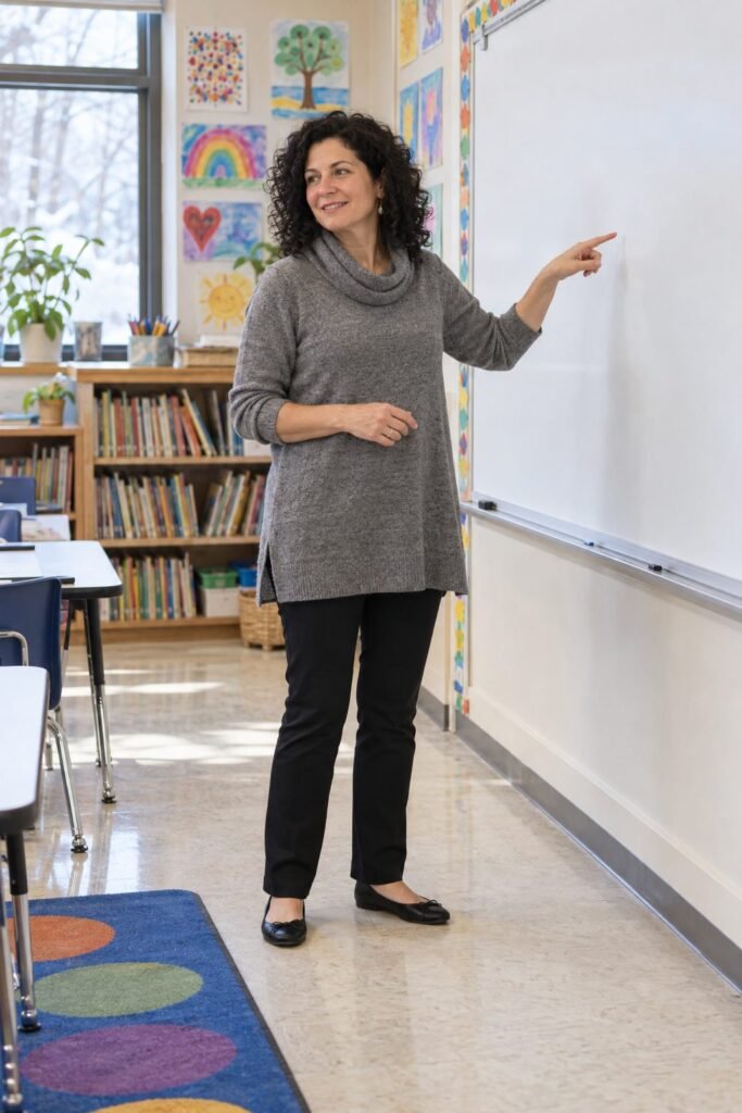 Teacher in a gray tunic-length sweater with black ponte pants and black flats (AI-generated image)