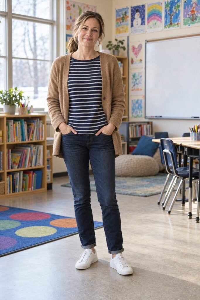 Teacher in a navy and white striped long-sleeve top under a camel cardigan with dark jeans and white sneakers (AI-generated image)