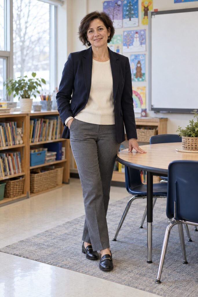 Teacher over 40 in a navy blazer over a cream knit top with gray ponte trousers and loafers (AI-generated image)