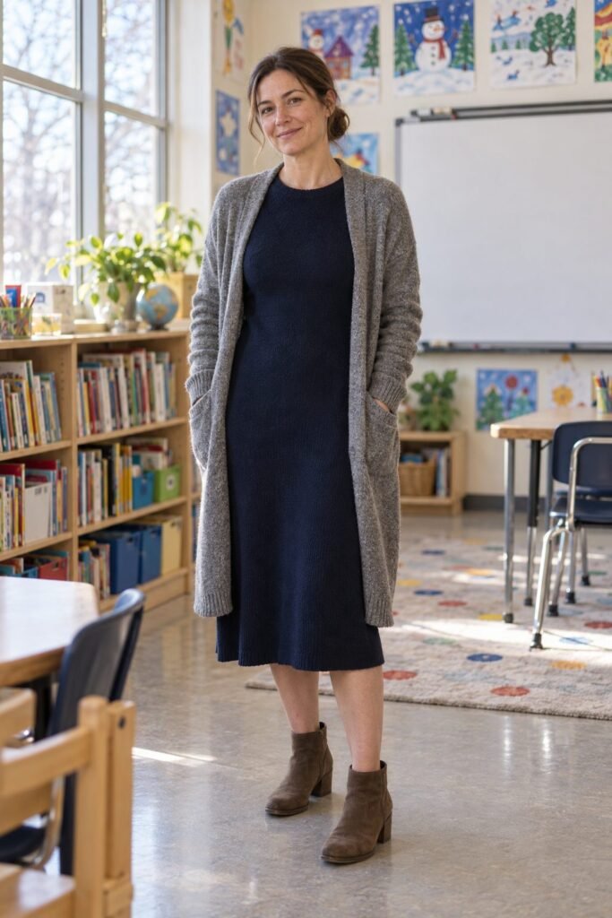 Teacher in a navy knit midi dress with a long gray cardigan and low ankle boots (AI-generated image)