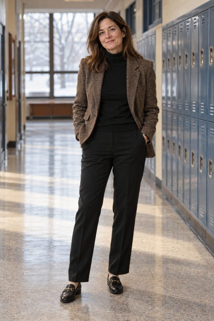 Teacher in a brown tweed jacket over a black turtleneck with black straight trousers and loafers (AI-generated image)