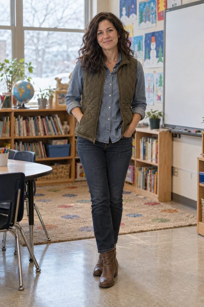 Teacher in an olive quilted vest over a chambray shirt with dark jeans and brown boots (AI-generated image)