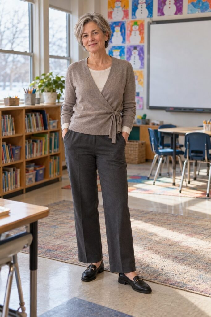 Teacher in a wrap cardigan over a thin thermal top with charcoal trousers and black loafers (AI-generated image)