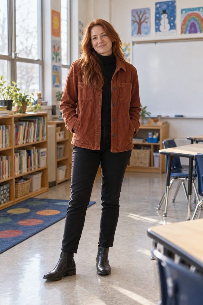 Teacher in a rust corduroy shirt jacket over a black turtleneck with black pants and Chelsea boots (AI-generated image)