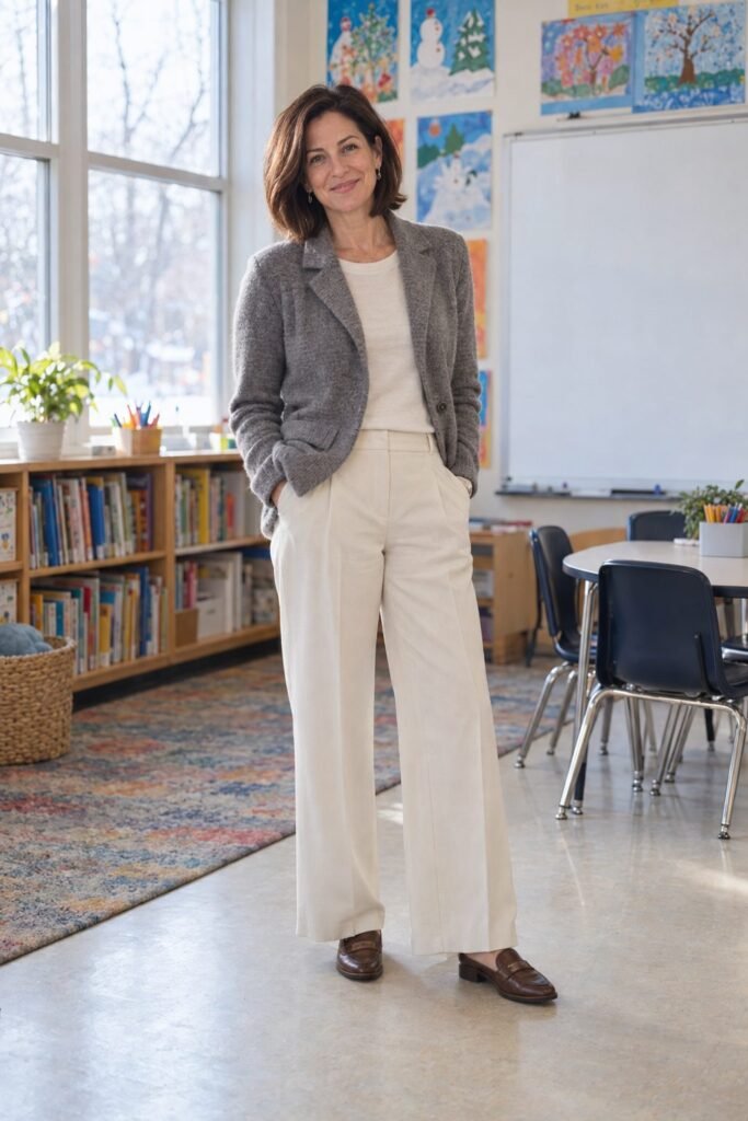 Teacher in a soft gray knit sweater blazer with cream wide-leg trousers and loafers (AI-generated image)
