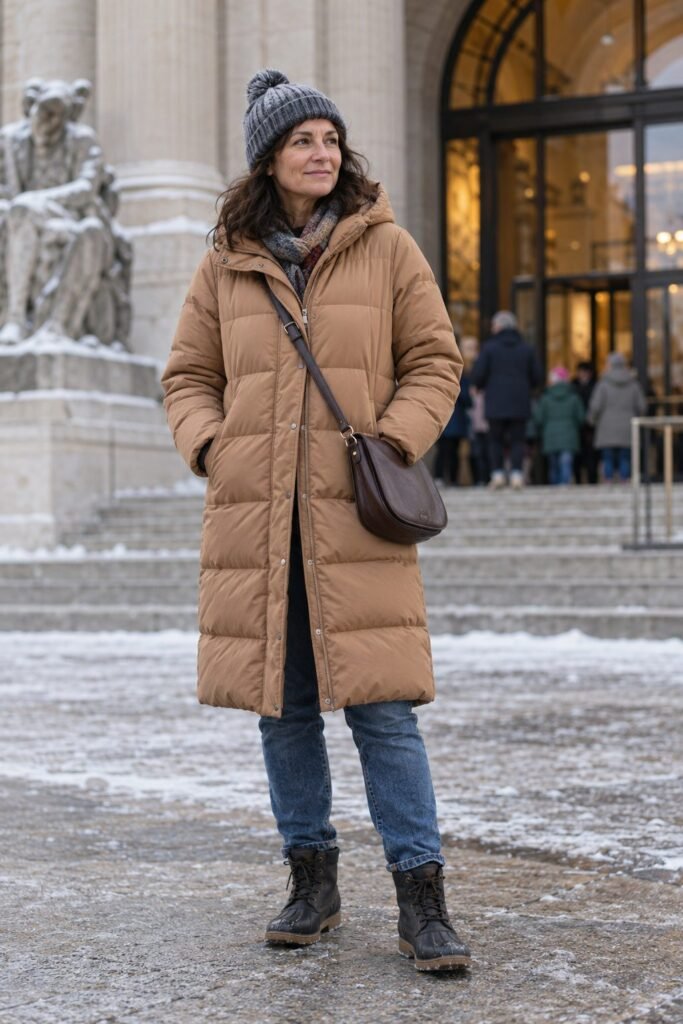 Teacher on a winter field trip in a long camel puffer coat, knit hat, jeans and waterproof boots (AI-generated image)