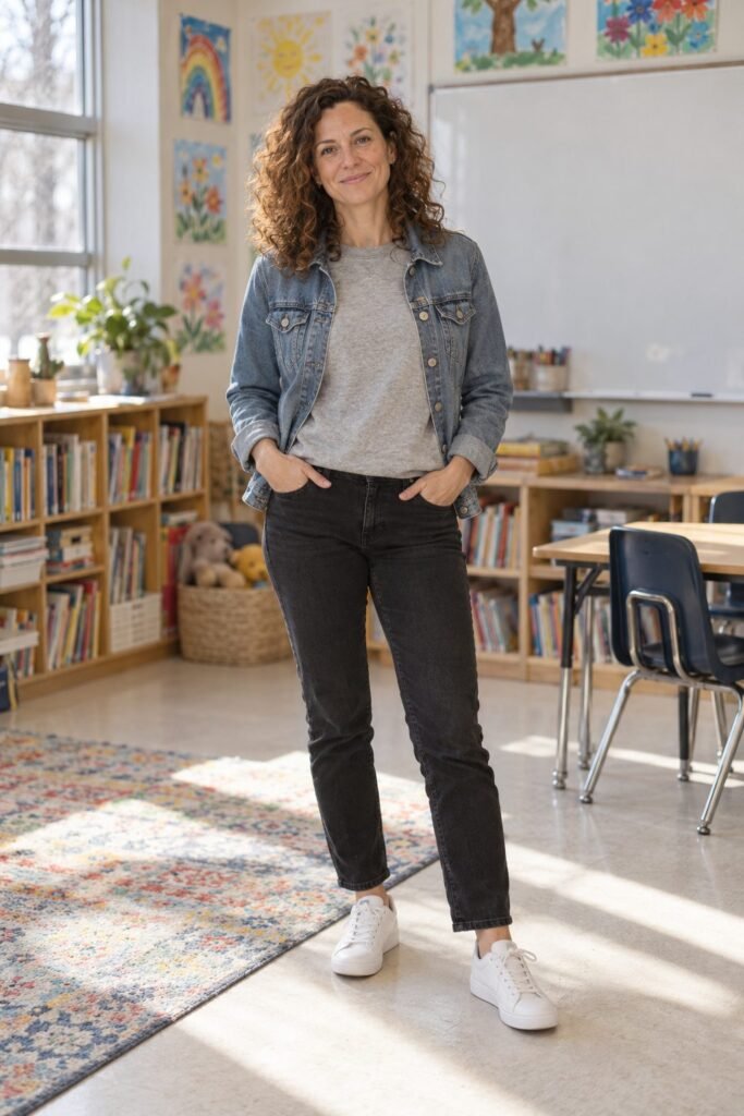 Teacher in a plain sweatshirt under an open denim jacket with black jeans and white sneakers (AI-generated image)
