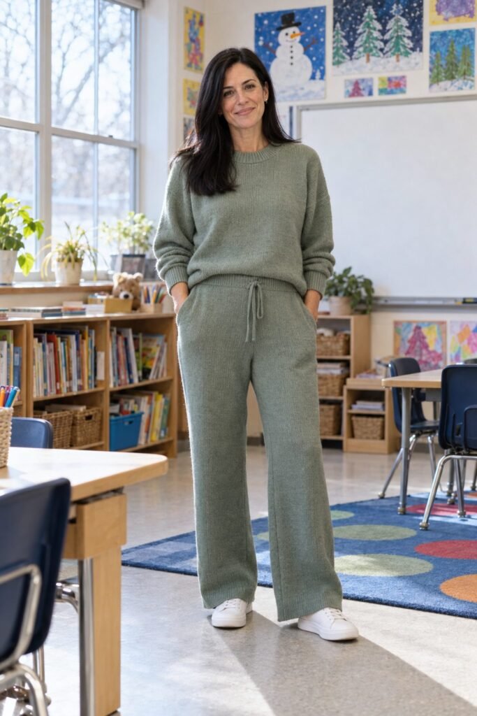 Teacher in a sage green matching knit sweater and wide knit pants with white sneakers (AI-generated image)