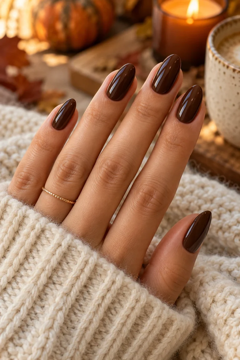 Glossy espresso brown almond nails for Thanksgiving (AI-generated image)