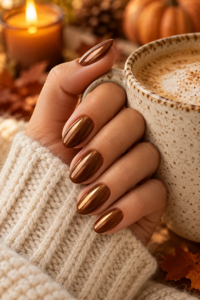 Cinnamon brown chrome nails with a warm metallic glow (AI-generated image)