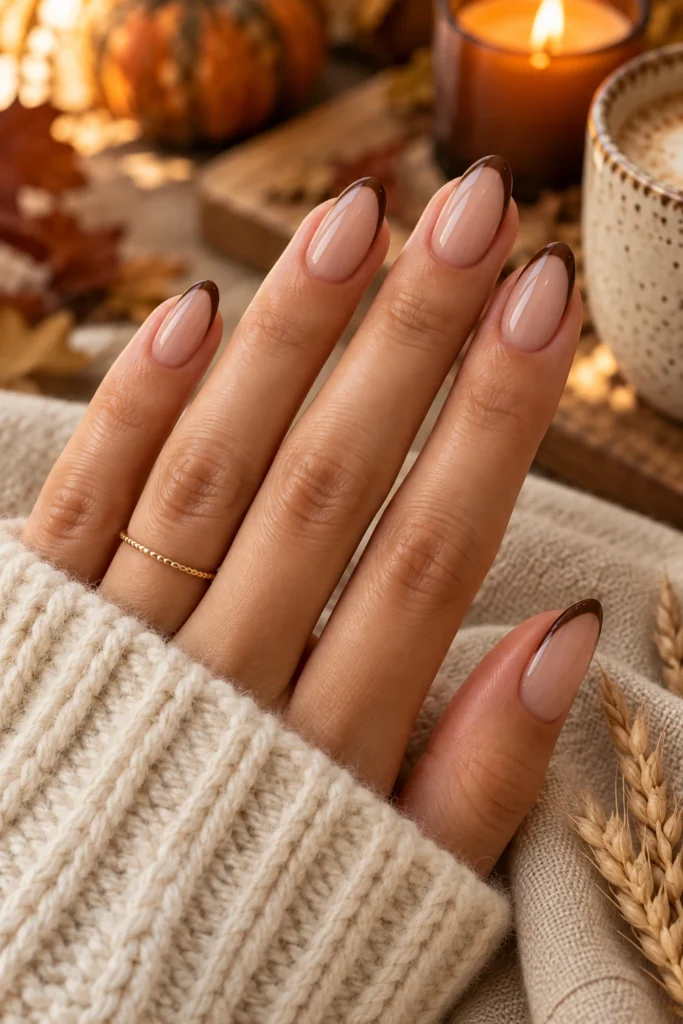 Nude nails with mocha brown French tips (AI-generated image)