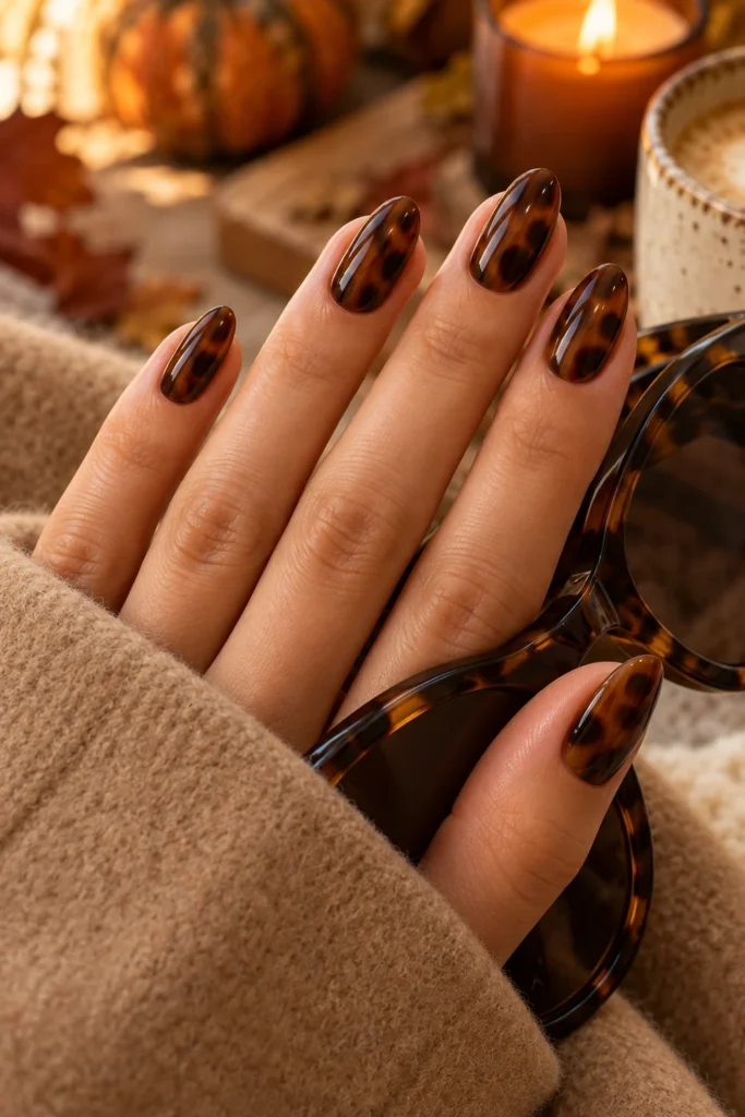 Brown and amber tortoiseshell nail design for fall (AI-generated image)