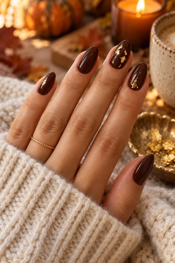 Chocolate brown nails with flakes of gold foil (AI-generated image)