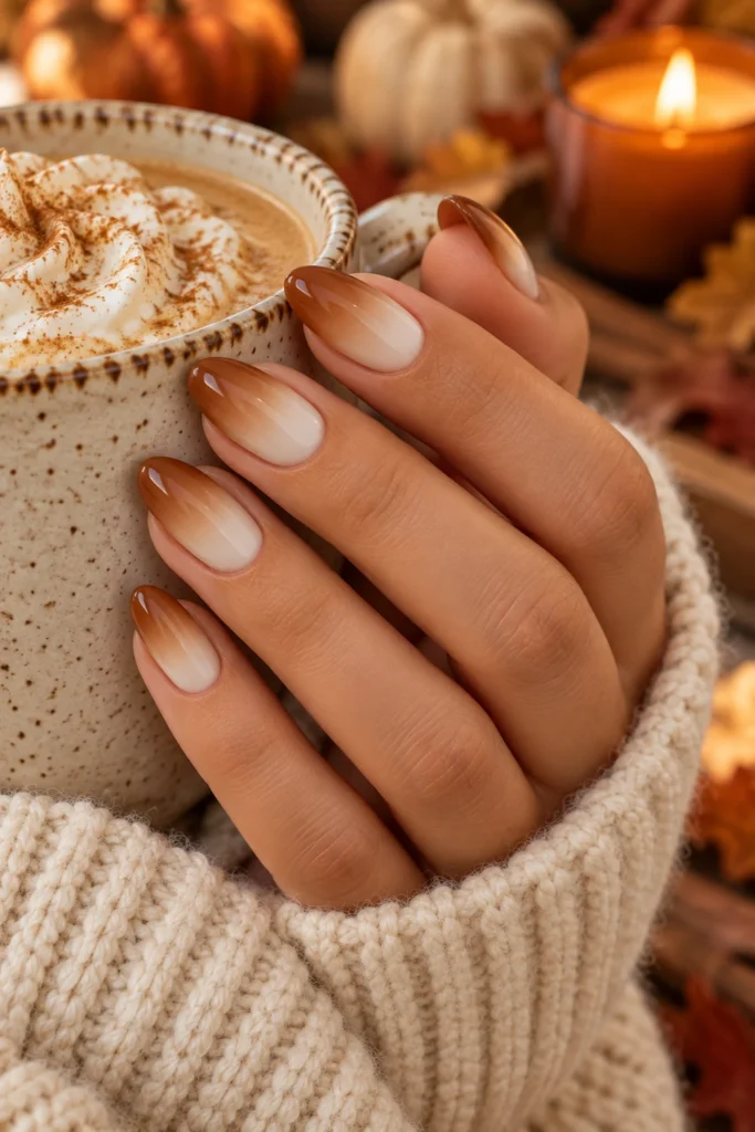 Soft caramel to cream ombré nails (AI-generated image)