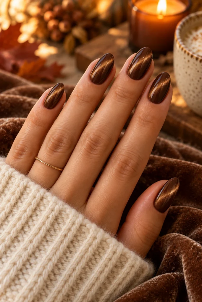 Brown velvet cat-eye nails with a shimmering magnetic finish (AI-generated image)