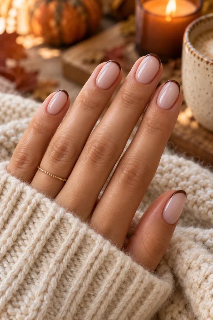 Short milky nude nails with a thin brown micro French tip (AI-generated image)