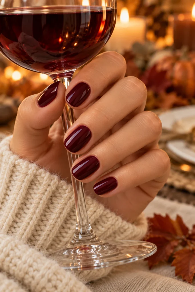 Classic glossy burgundy nails for Thanksgiving dinner (AI-generated image)