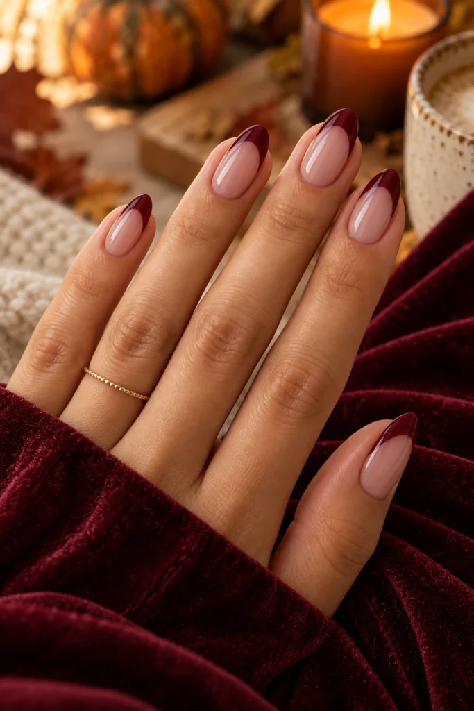 Nude nails with deep burgundy French tips (AI-generated image)