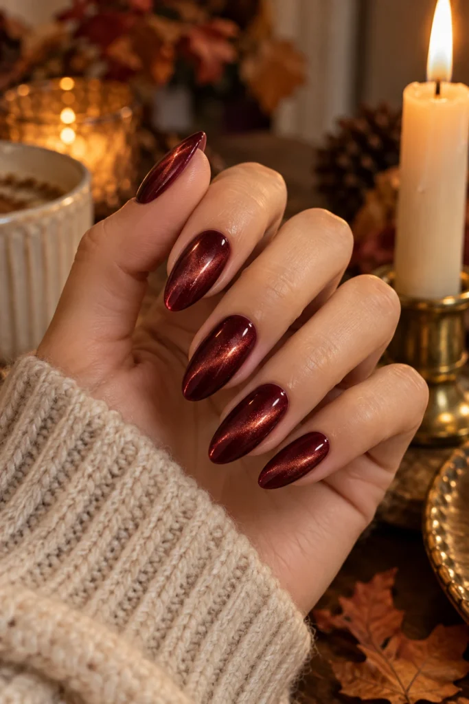 Burgundy velvet cat-eye nails with a soft shimmer (AI-generated image)