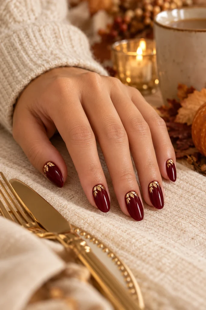 Wine red nails with gold leaf accents (AI-generated image)