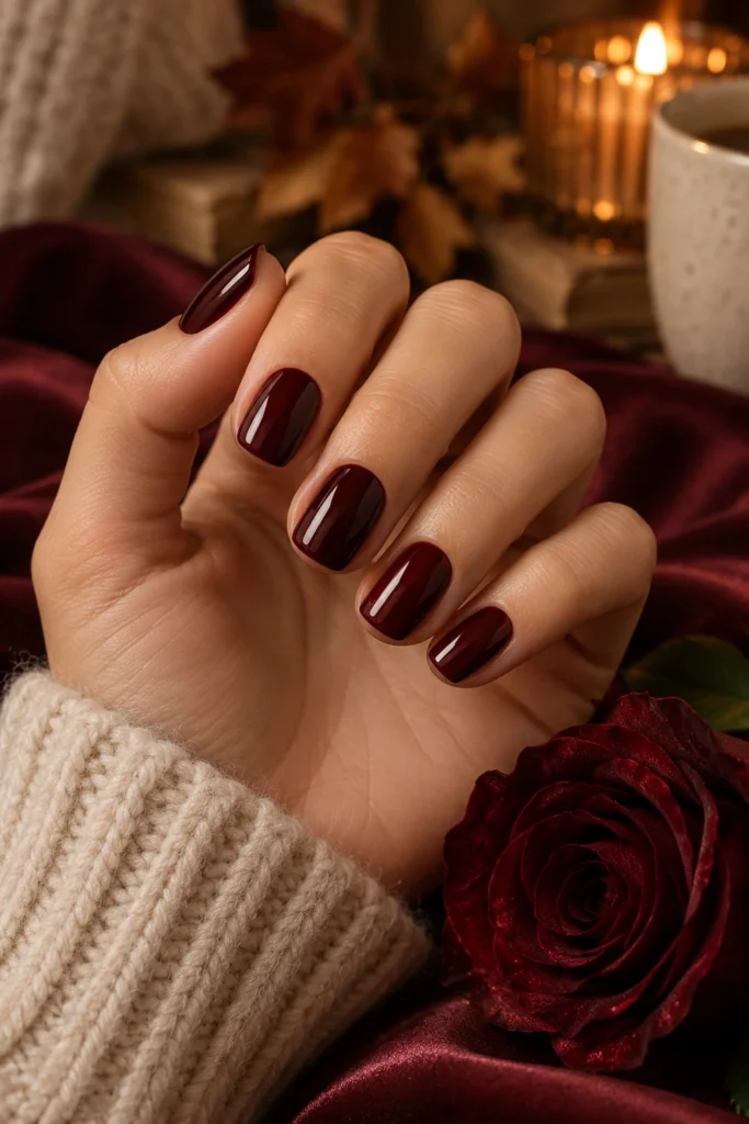 Dark cherry vamp nails in a deep red-black shade (AI-generated image)
