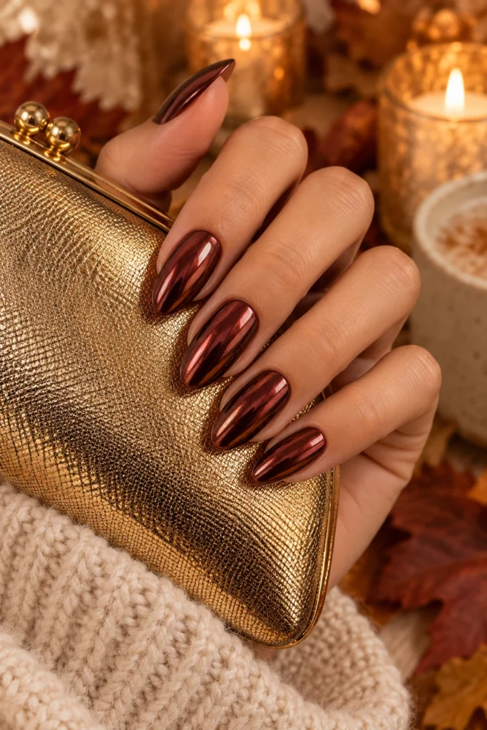 Shiny burgundy chrome nails (AI-generated image)