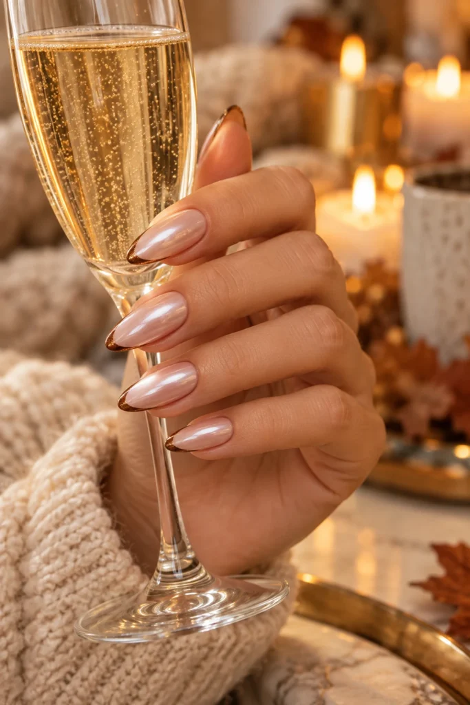 Pink champagne chrome nails with thin bronze French tips (AI-generated image)