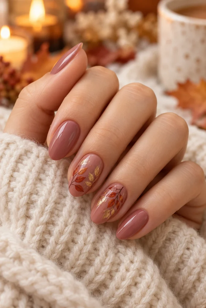 Baby pink nails with orange and brown fall leaf art (AI-generated image)