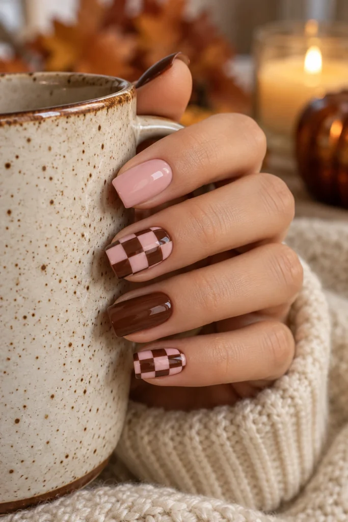 Pink and brown checkerboard nail design (AI-generated image)