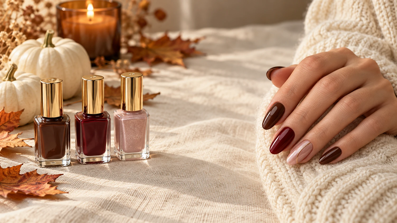 Thanksgiving nails 2026 in brown, burgundy and pink with matching nail polish bottles (AI-generated image)