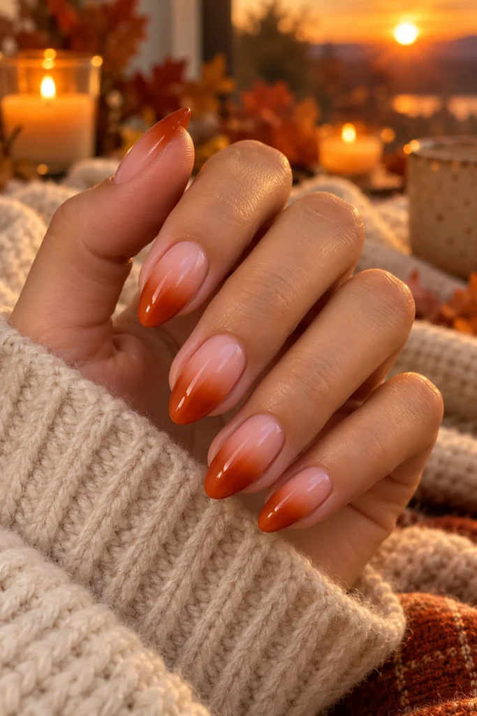 Pink to rust orange ombré nails like a fall sunset (AI-generated image)