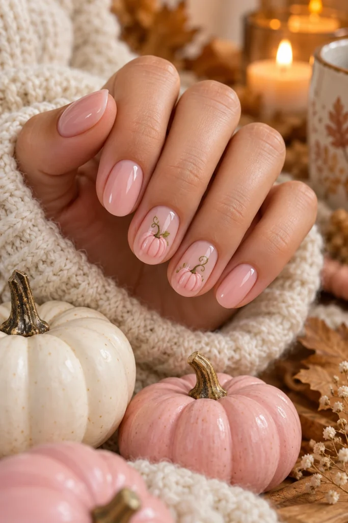 Light pink nails with tiny pink pumpkin art (AI-generated image)