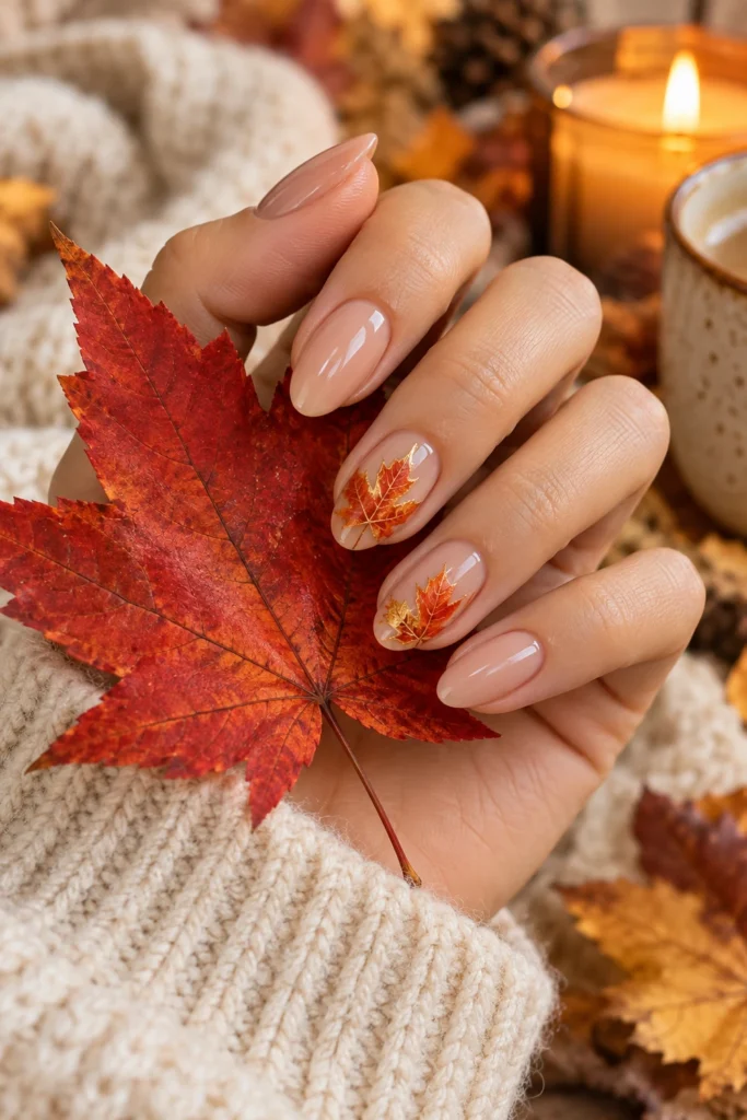 Nude nails with orange and gold maple leaf accent nails (AI-generated image)
