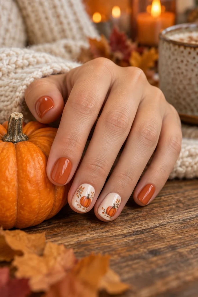 Cream nails with tiny orange pumpkin designs (AI-generated image)