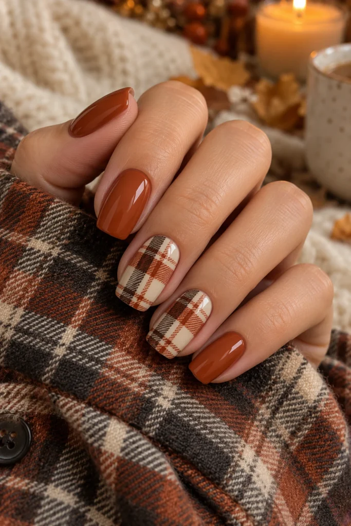 Fall plaid nails in rust, cream and brown (AI-generated image)