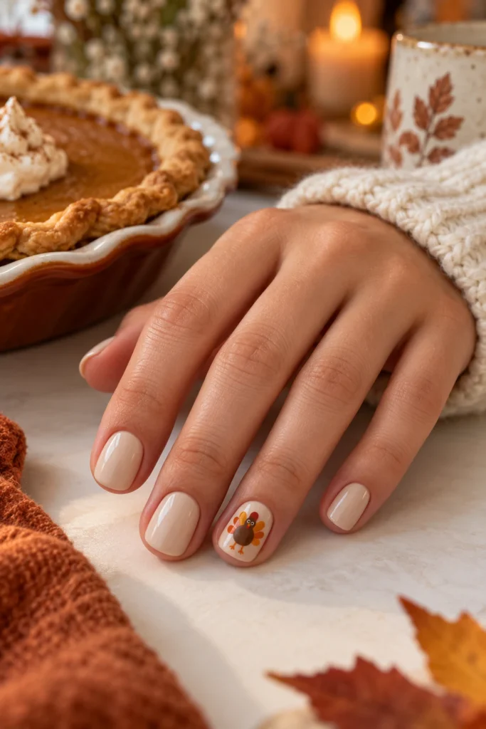 Neutral nails with one cute minimalist turkey accent nail (AI-generated image)