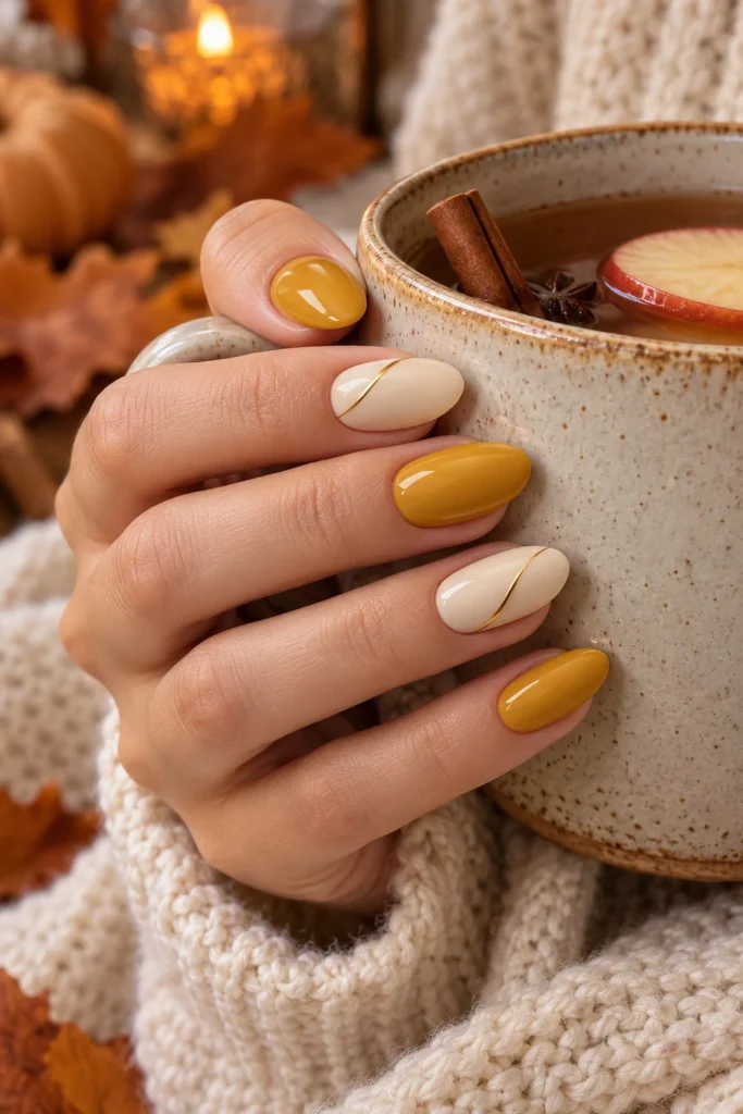 Alternating mustard yellow and cream nails (AI-generated image)
