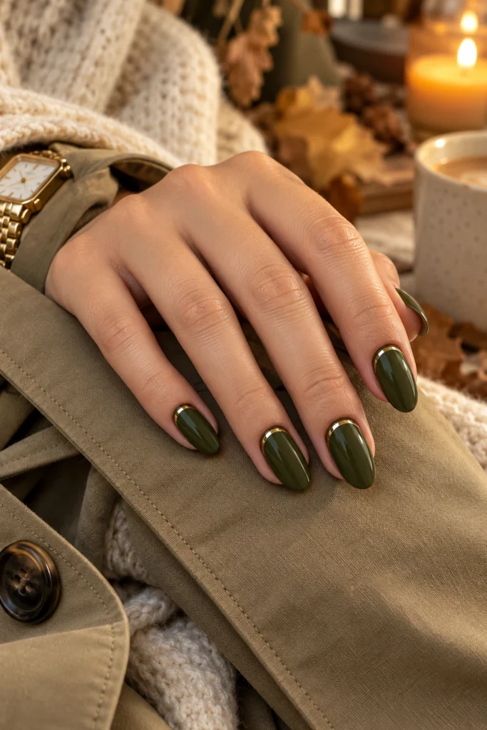 Olive green nails with fine gold details (AI-generated image)