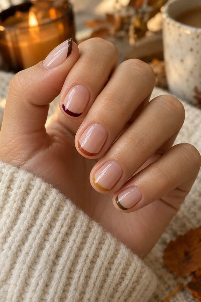 Short nails with micro French tips in different fall colors (AI-generated image)
