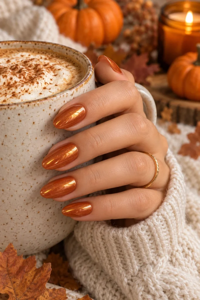 Pumpkin spice burnt orange glazed nails holding a latte mug (AI-generated image)