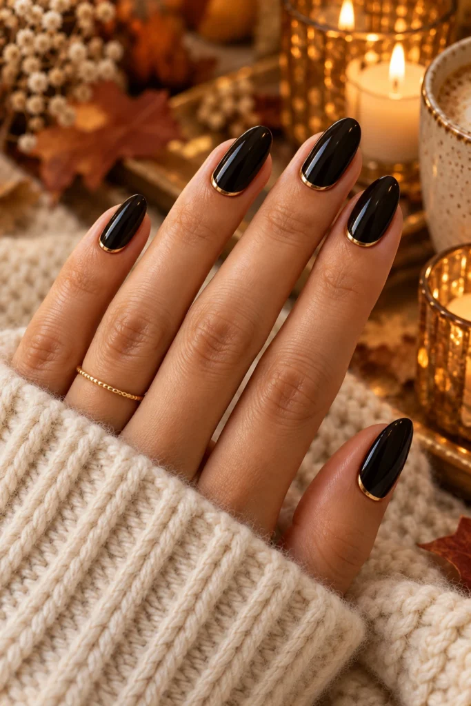 Glossy black nails with fine gold details (AI-generated image)