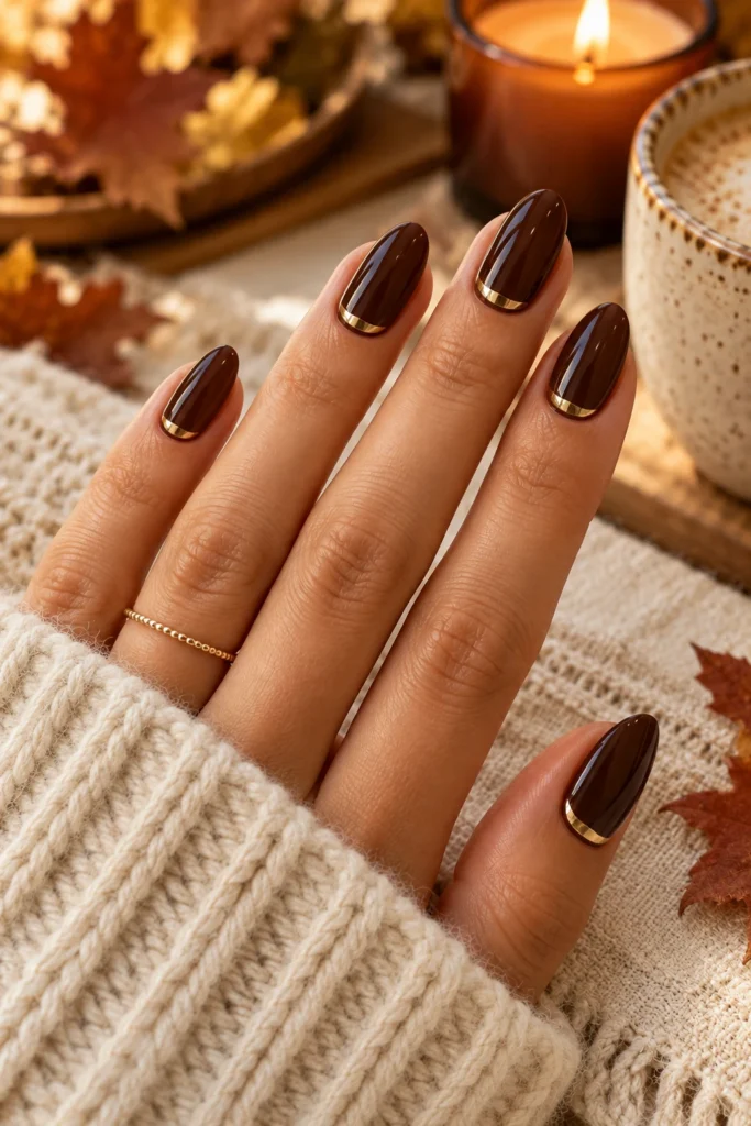 Brown nails with gold half-moon details at the cuticle (AI-generated image)